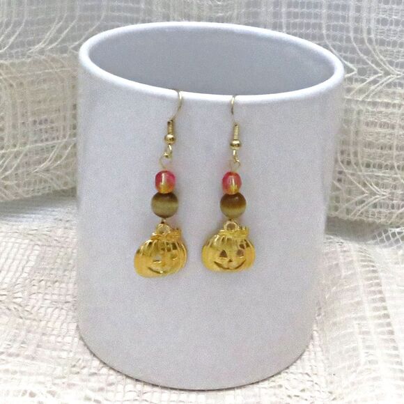 Gold Tone Pumpkin Dangle Drop Earrings for Halloween, Handmade Jewelry Women - Picture 7 of 7